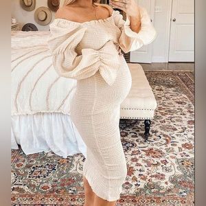 Ruffle Off Shoulder Long Sleeve Puff Sleeve Bodycon Maternity Midi Dress size L